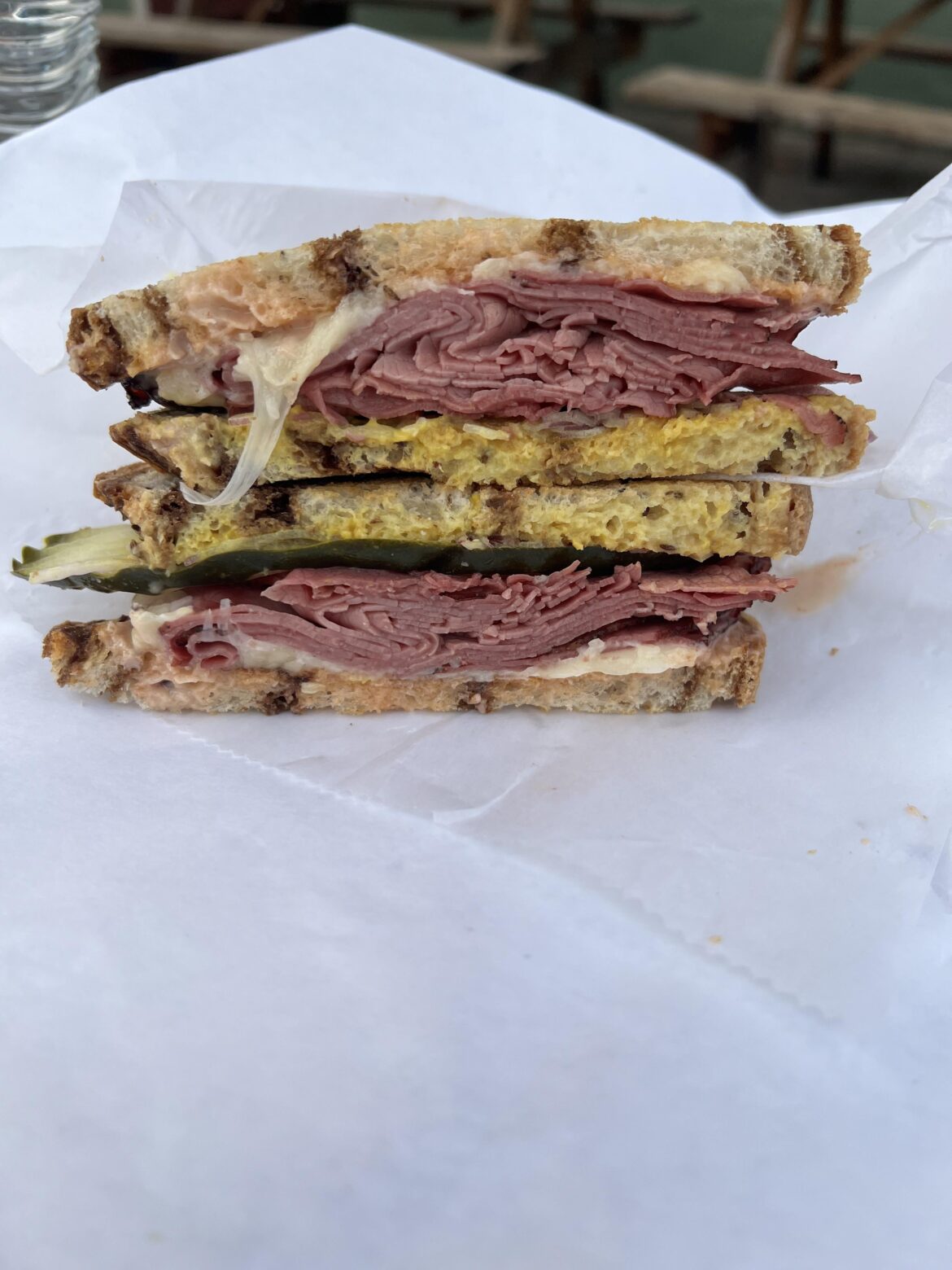 Ray’s Hot Pastrami from Ray’s Delicatessen & Tavern in Petaluma, CA. Contains: pastrami, swiss, onion, pickle, yellow mustard & russian dressing, served hot on toasted marbled rye
