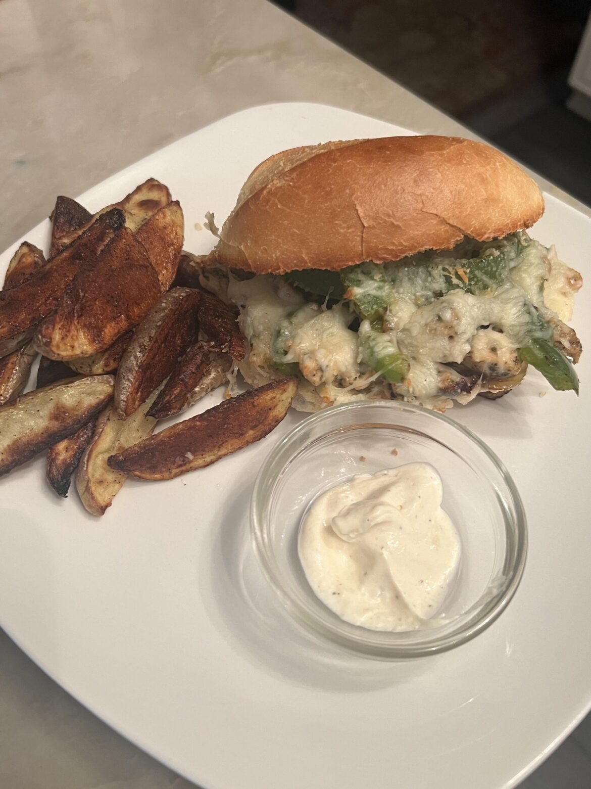 Italian Chicken & Pepper Sandos with Potato Wedges & Tangy Garlic Sauce