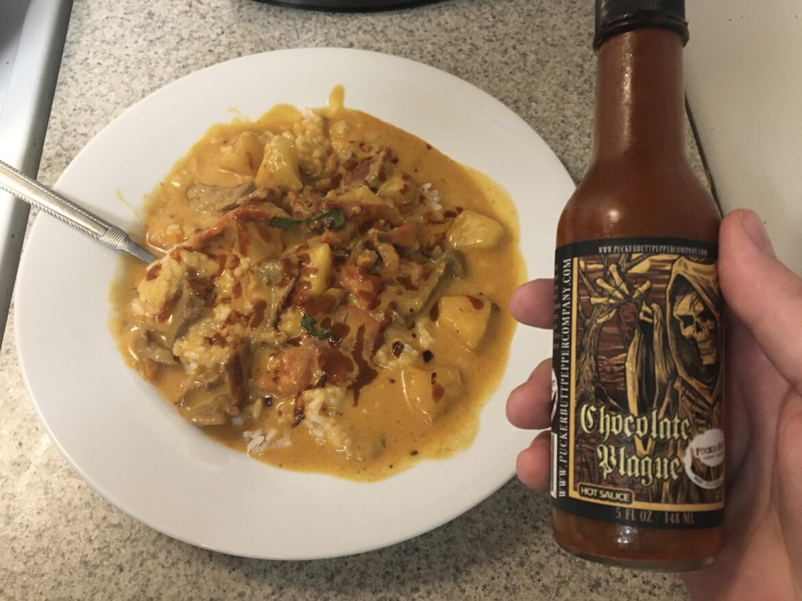 Christmas Thai Red Curry with Chocolate Plague. Amazing flavor and heat