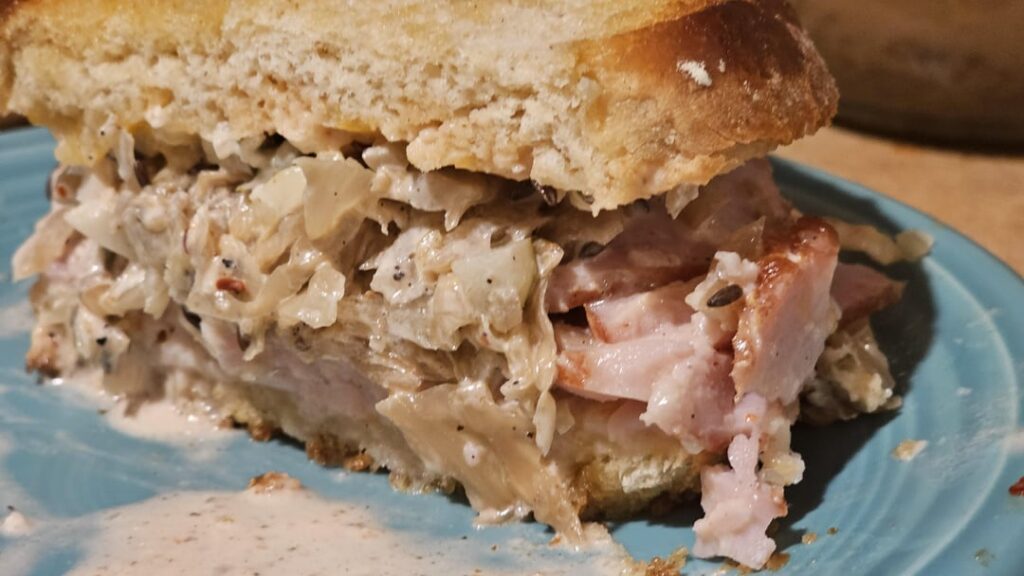 Called it a wrong reuben. Mexican blend cheese, kraut, Russian dressing, and ham on griddled sourdough. Almost ate both halves before I remembered to take a pic