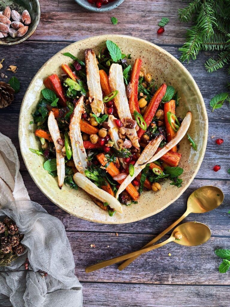Roasted Carrots and Parsnip Salad with Chickpeas and Green Salsa