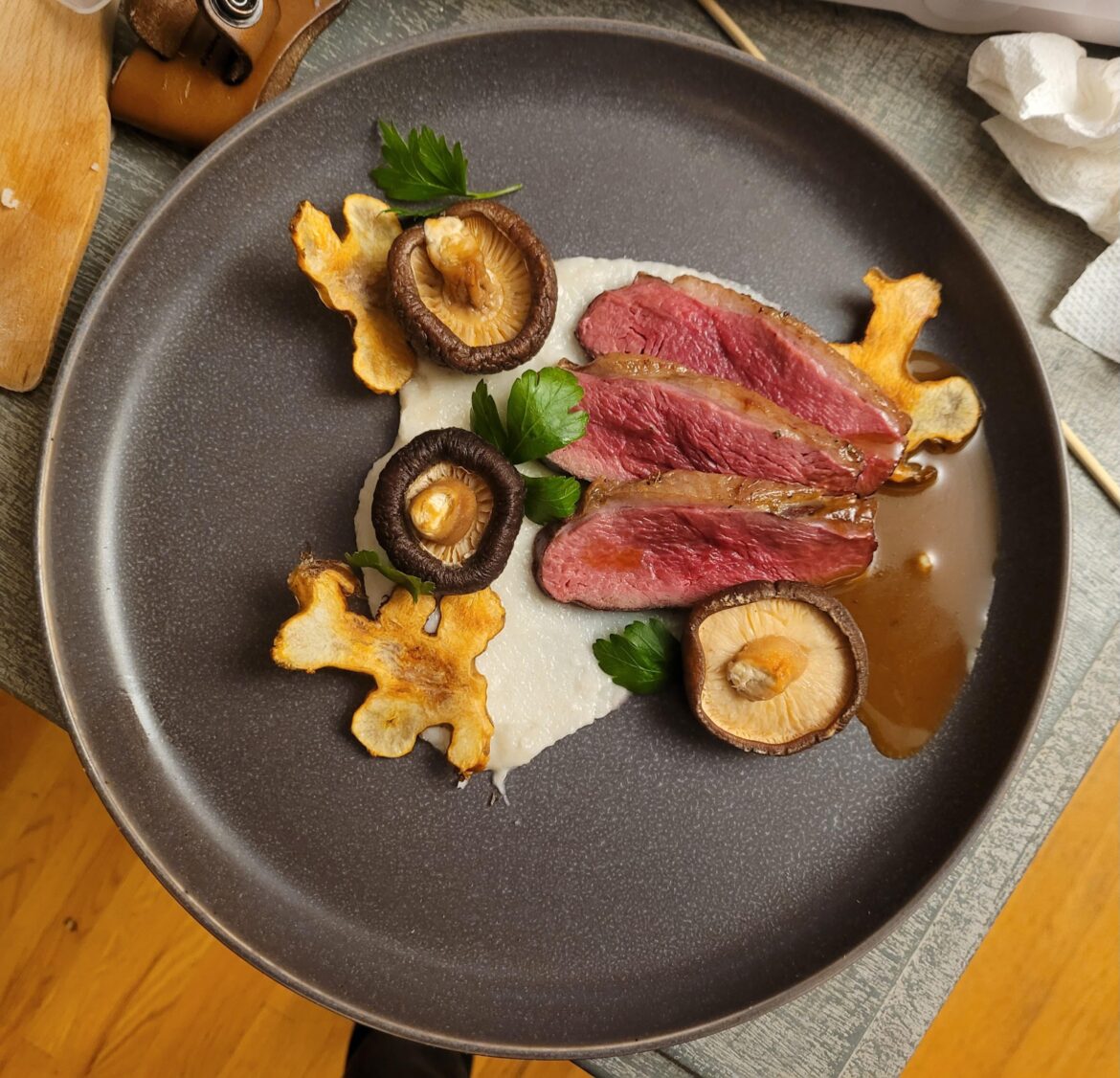 Canada goose breast, sunchoke chips and puree, bigarade sauce, reconstituted dried shiitakes