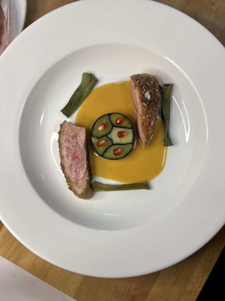 Lavender Duck with Leek Powder, Duck Sauce, Leek Mosaic, Leek Chips, Pomegranate. 4 ways