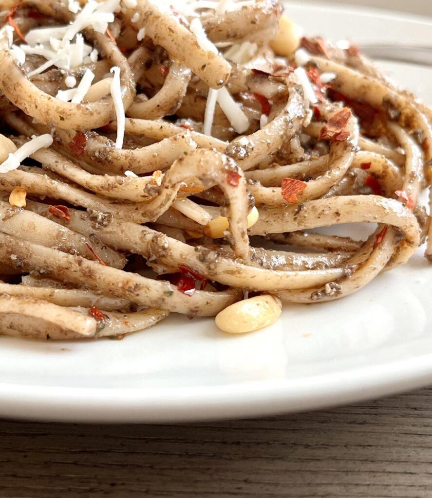 Linguine pasta with black-olive pesto.
