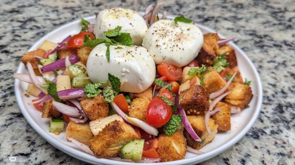 Burrata Apple Panzanella made with Homemade Croutons and Honey Crisp apple
