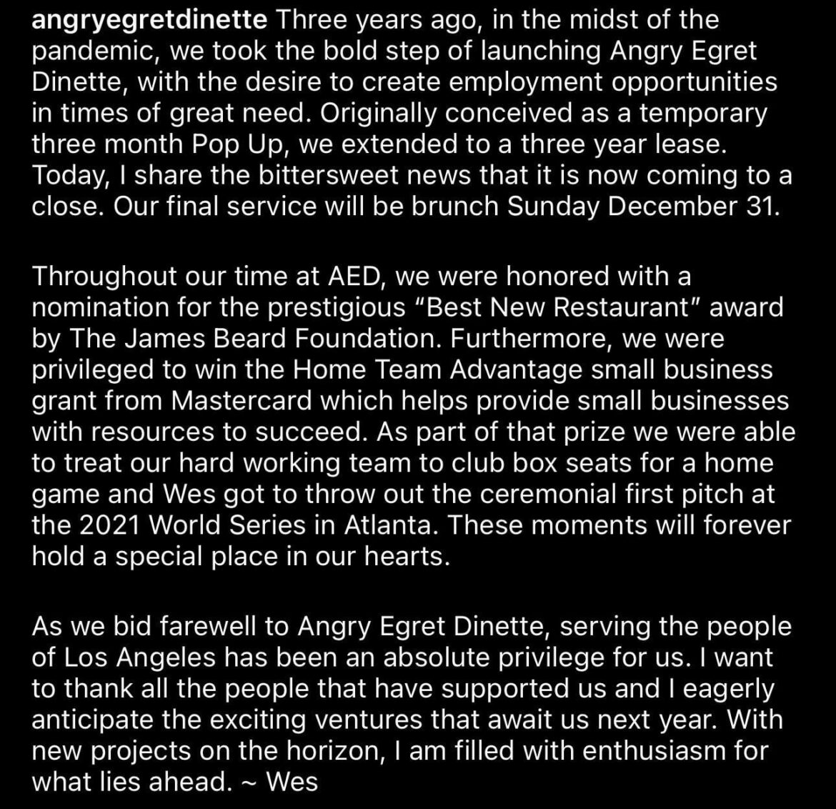 Angry Egret Dinette closing after end of year