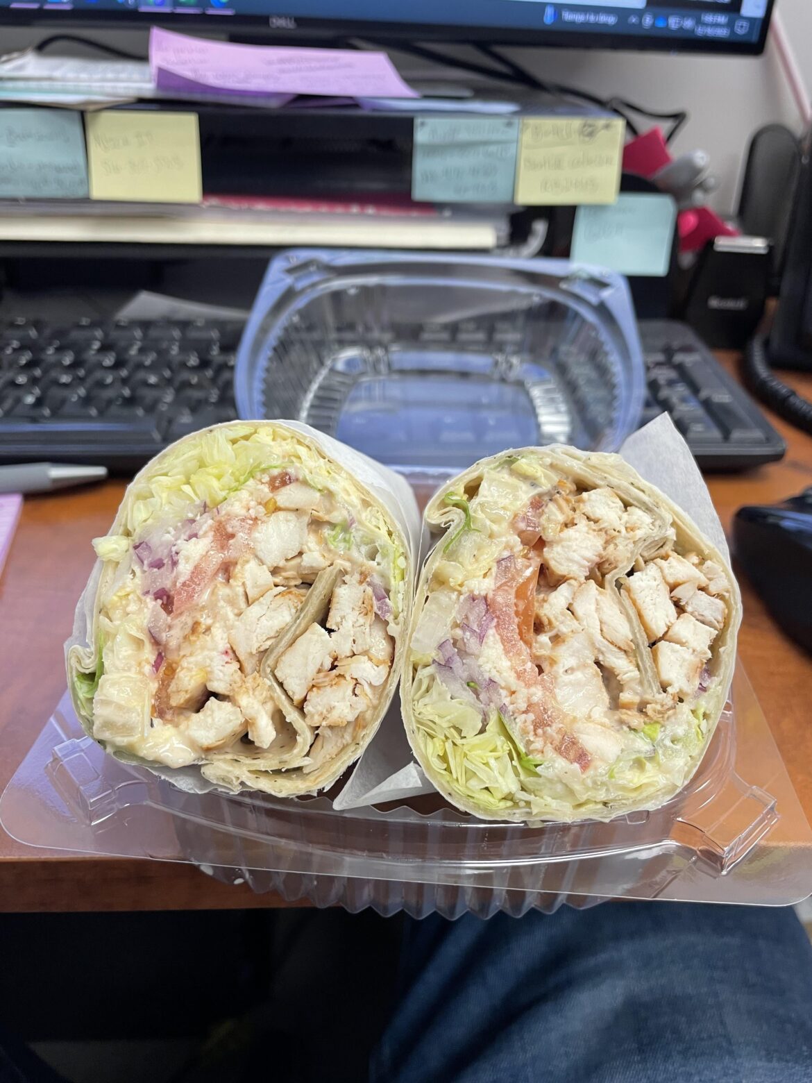 My go-to lunch order at the deli near my office. Chicken Caesar wrap w/ tomato and red onion on a garlic&herb tortilla