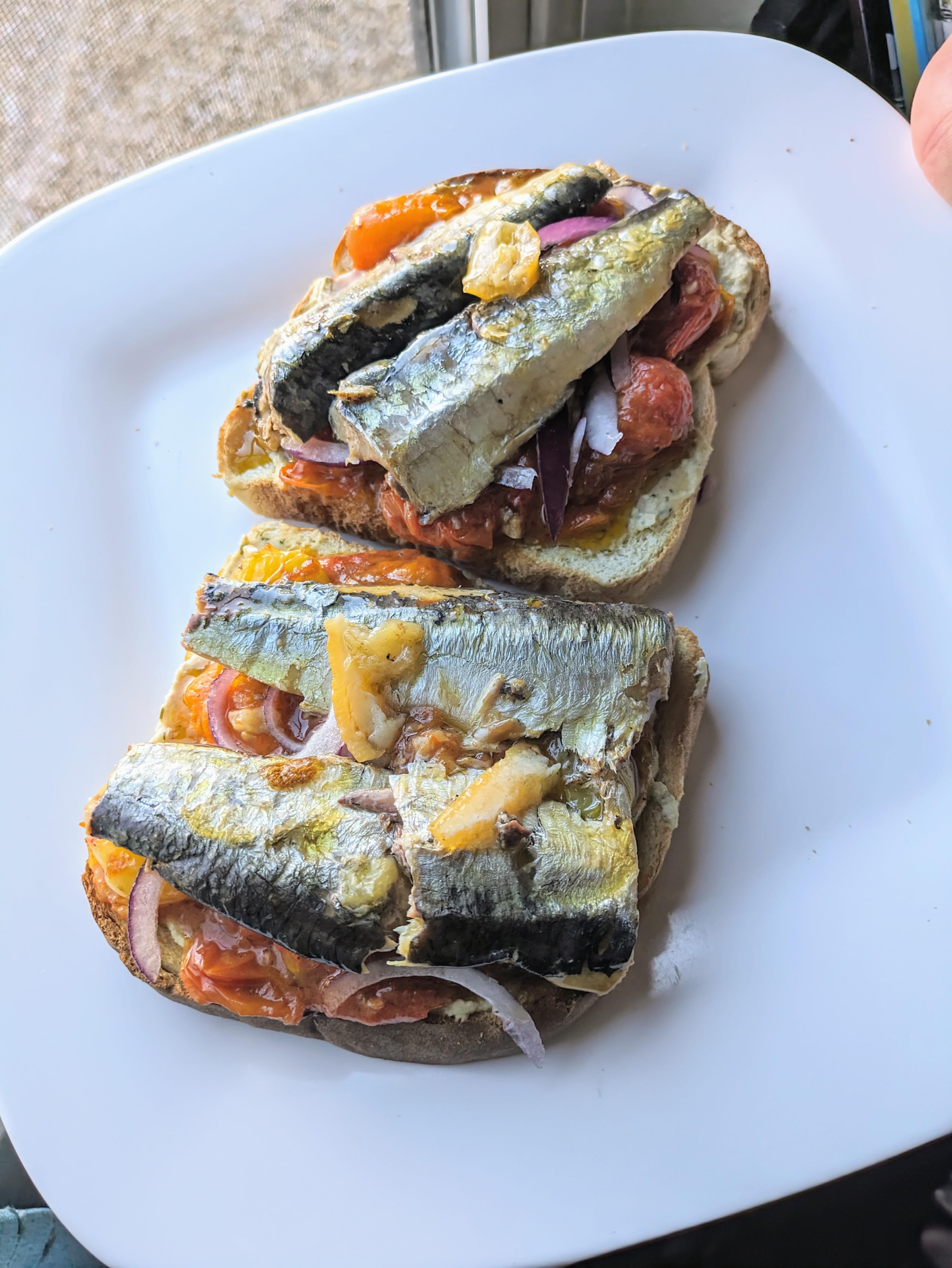 Lemon dill hummus, blistered cherry tomatoes, red onion, Fishwife