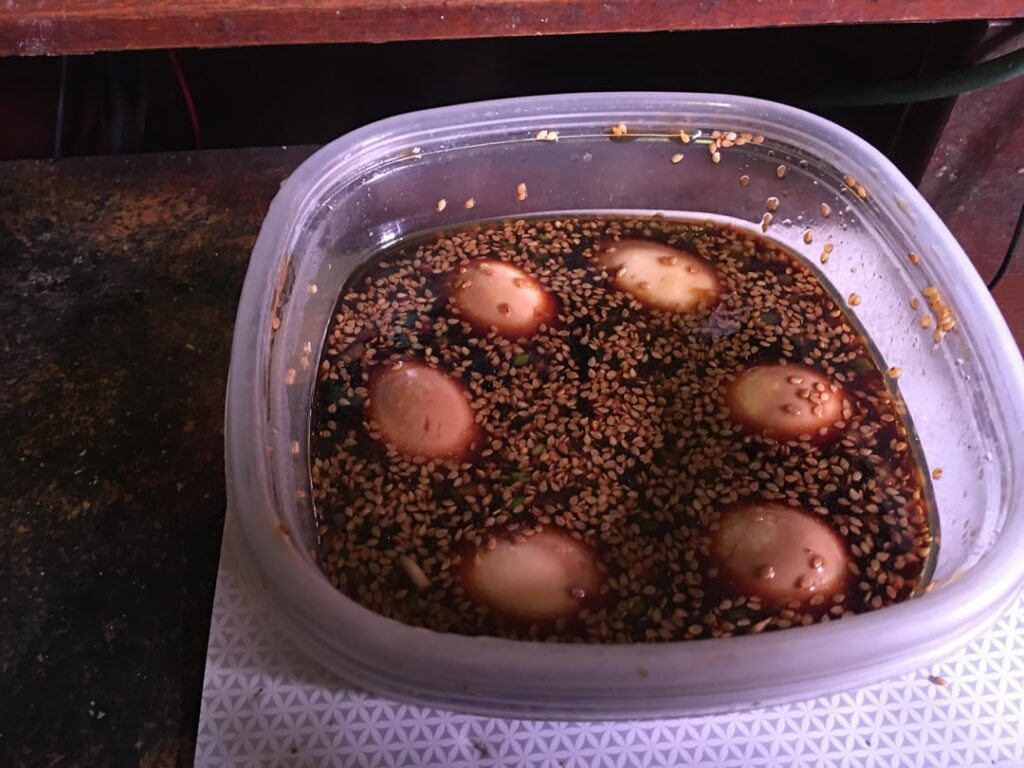 I made Gyeranjang (soy sauce marinated eggs) This simple, easy but delicious egg recipe is commonly called “mayak gyeran(마약계란)” in Korea which translates to “drug egg” since it has an addictive taste. Mine were a bit overdone since I used Jumbo eggs and the cooking time was off.