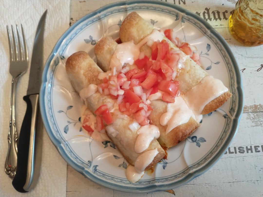 Beef Flautas with Red Pepper Crema & Pico de Gallo Dining and Cooking