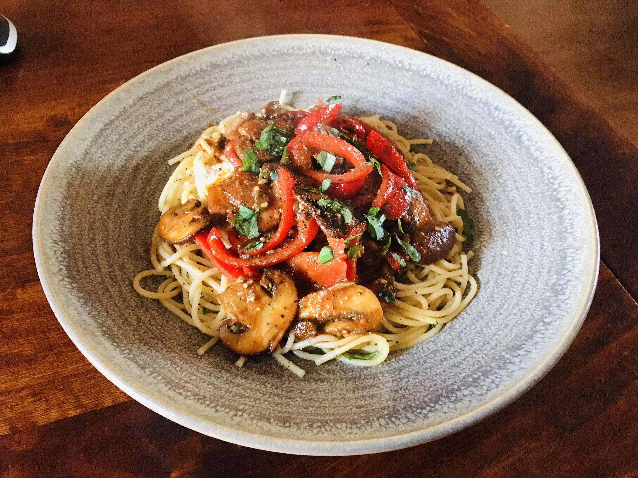 Homemade. Chicken peppers and mushrooms in a spicy sauce. Dining and