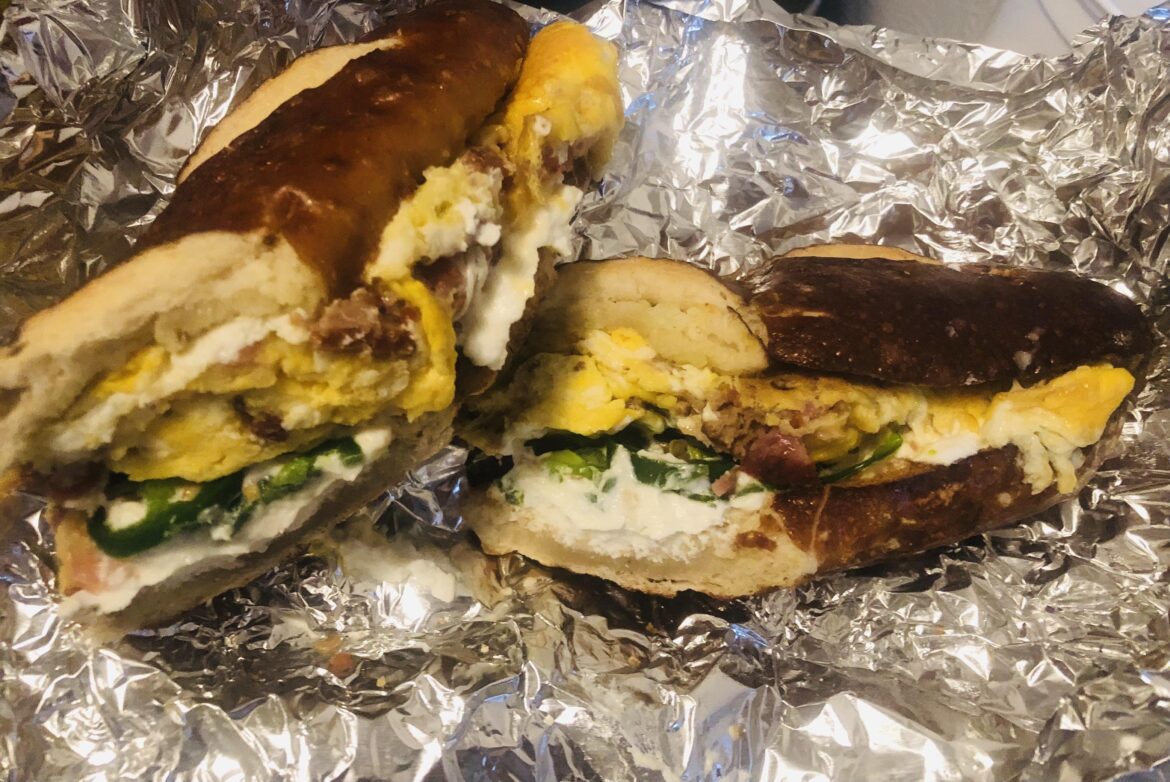 Breakfast Sandwich-Egg, Bacon, Fresh Jalapenos, Goat Cheese on Pretzel Roll