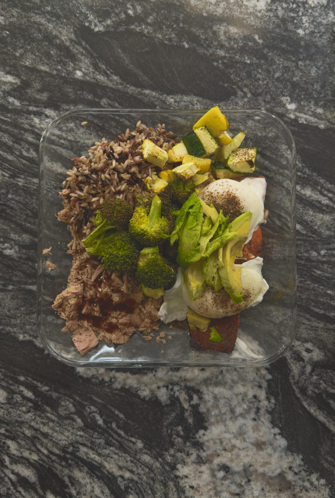 Baked Salmon w Tuna, Poached Eggs, Wild Rice, Broccoli, Squash/Zucchini