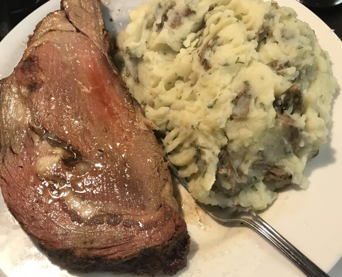 Leftover prime rib with freshly-mashed potatoes