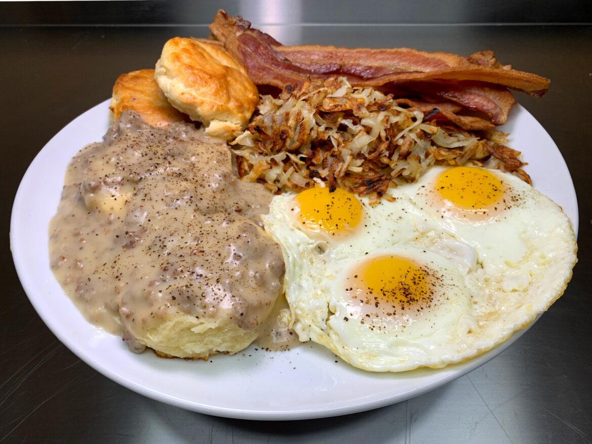 Biscuits and Gravy, Bacon, Eggs, Hash Browns Scattered