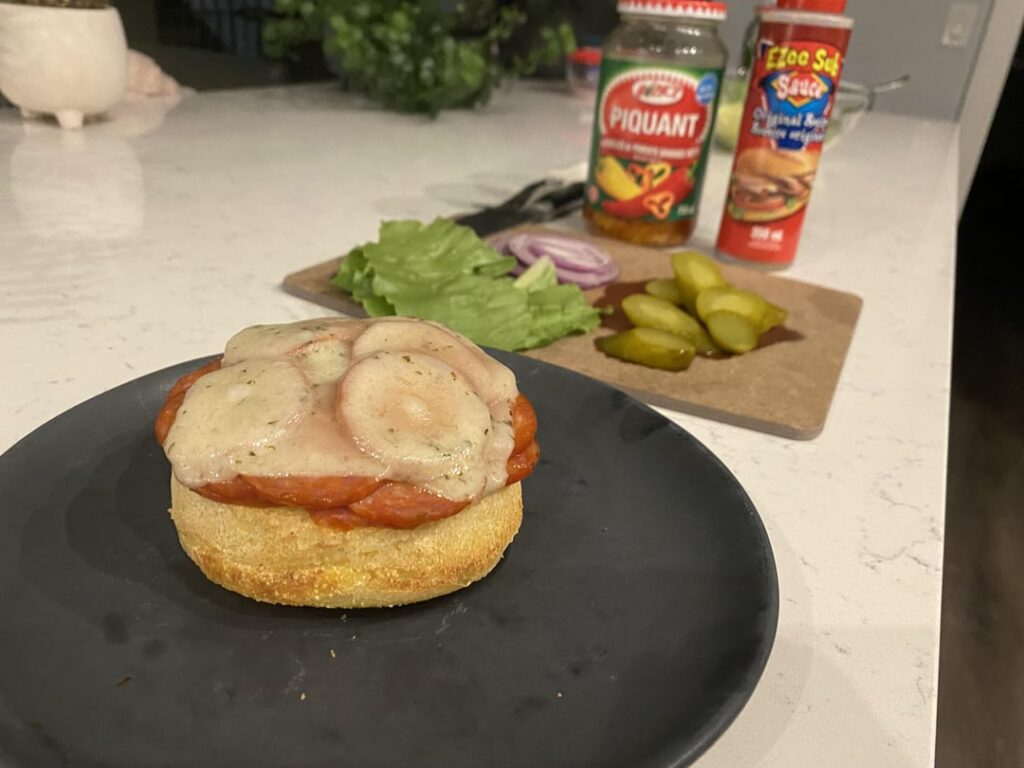 A while back I posted my Magnum Opus...and now...behold this late-night creation made of fridge scraps on a GF english muffin. Tasted surprisingly good!