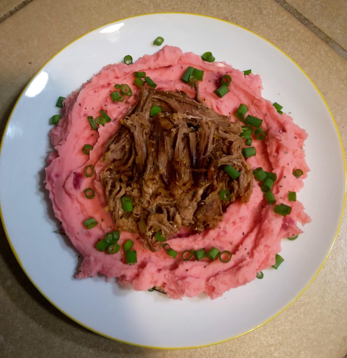 [Home cook] Beef & Beets (beef roast with mashed potatoes and homegrown beets for color)