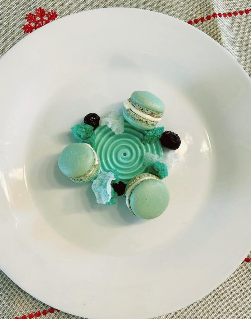 Vanilla panna cotta, passionfruit macarons, coral cake, blueberry