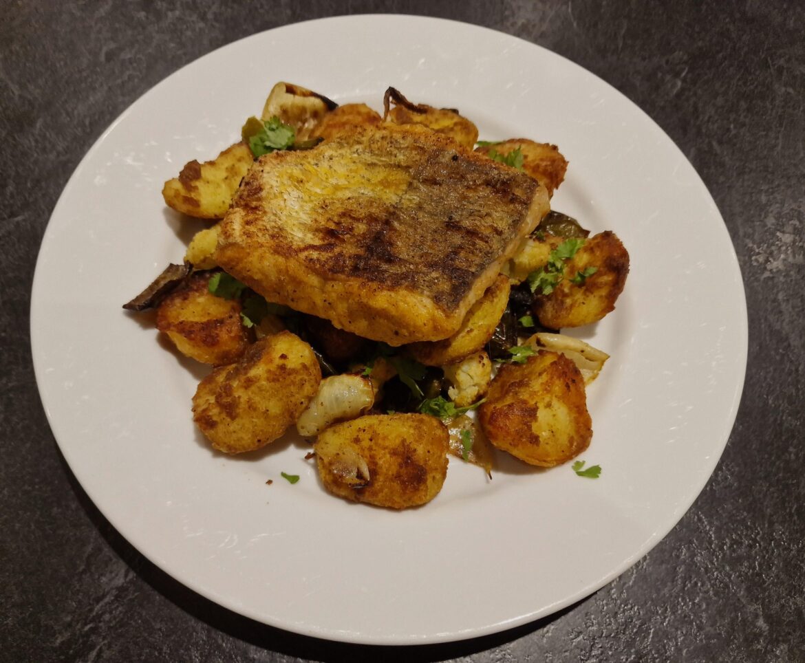 Pan roasted hake and bombay roast veg