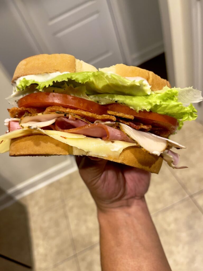 Virginia Ham, Cajun turkey, cherrywood smoked bacon on potato bread with pepper jack and Dukes mayo of course!