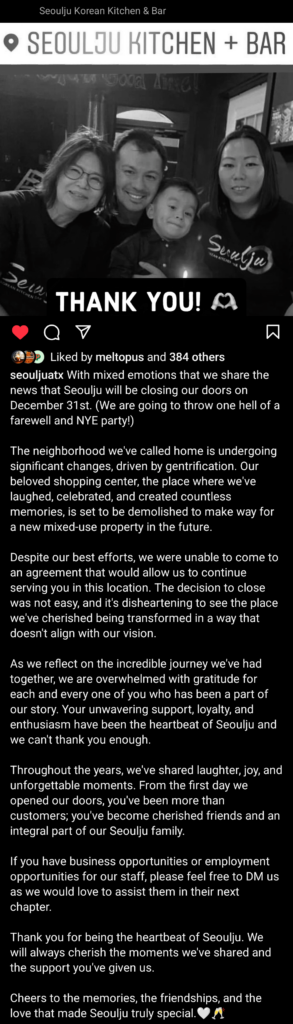 Seoulju aka College Roadhouse is closing