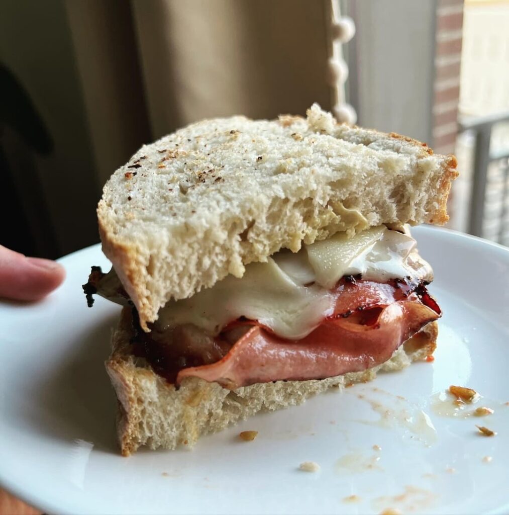 First time baking bread so I made a crispy Mortadella and Swiss sandwich