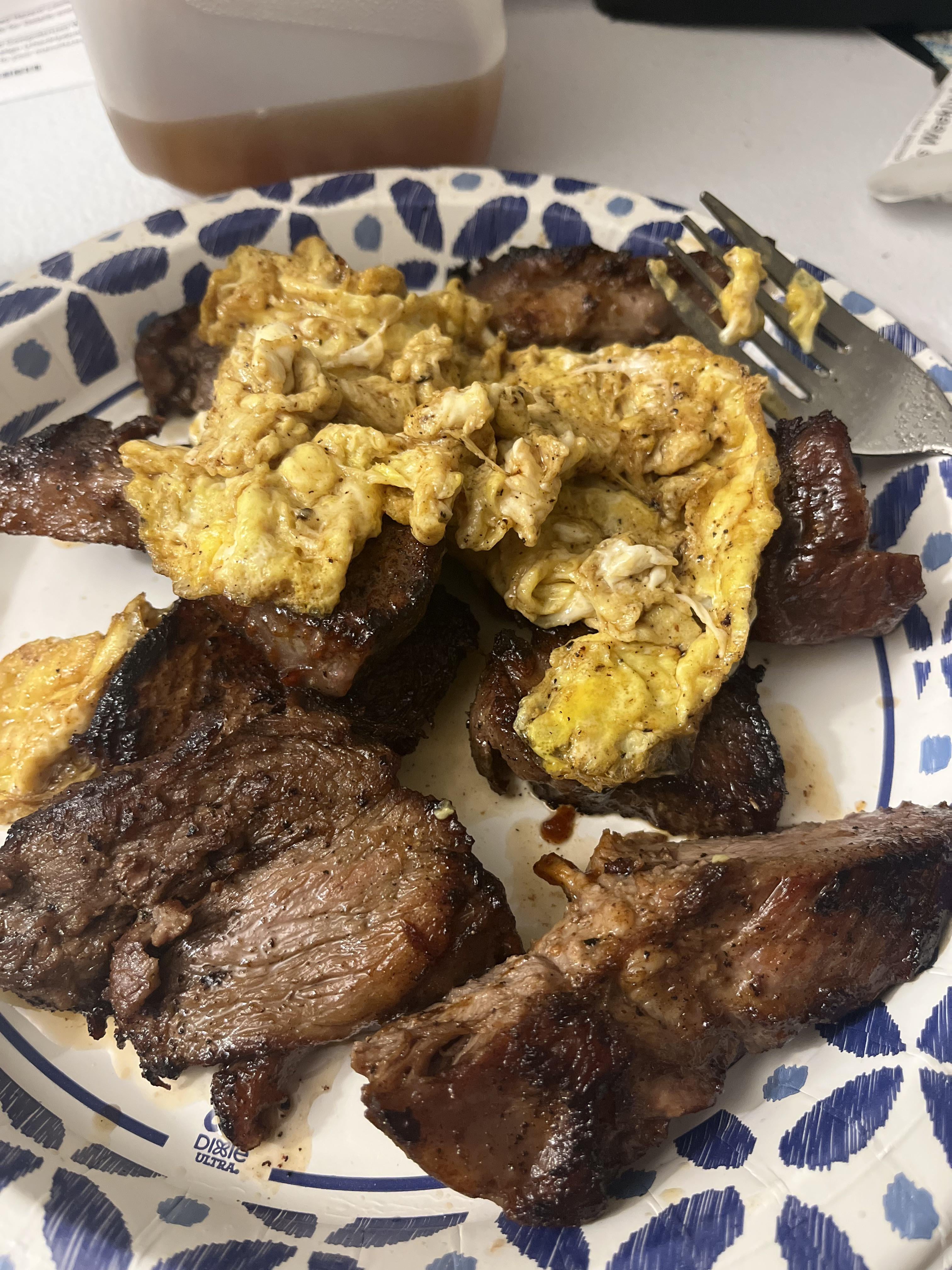 Steak and eggs cooked in bacon grease 6pm breakfast Dining and Cooking