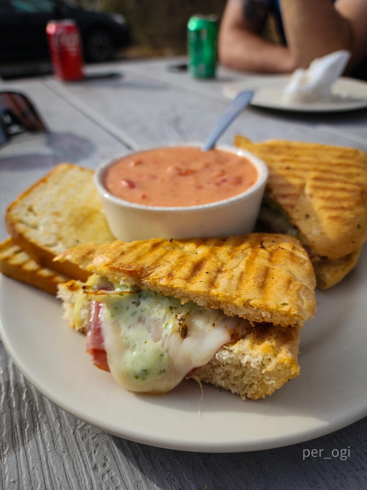 Sourdough flatbread with grilled sopressata salami, ham, melted provolone cheese, sautéed onions and peppers, and herb sauce. Side of tomato gravy.