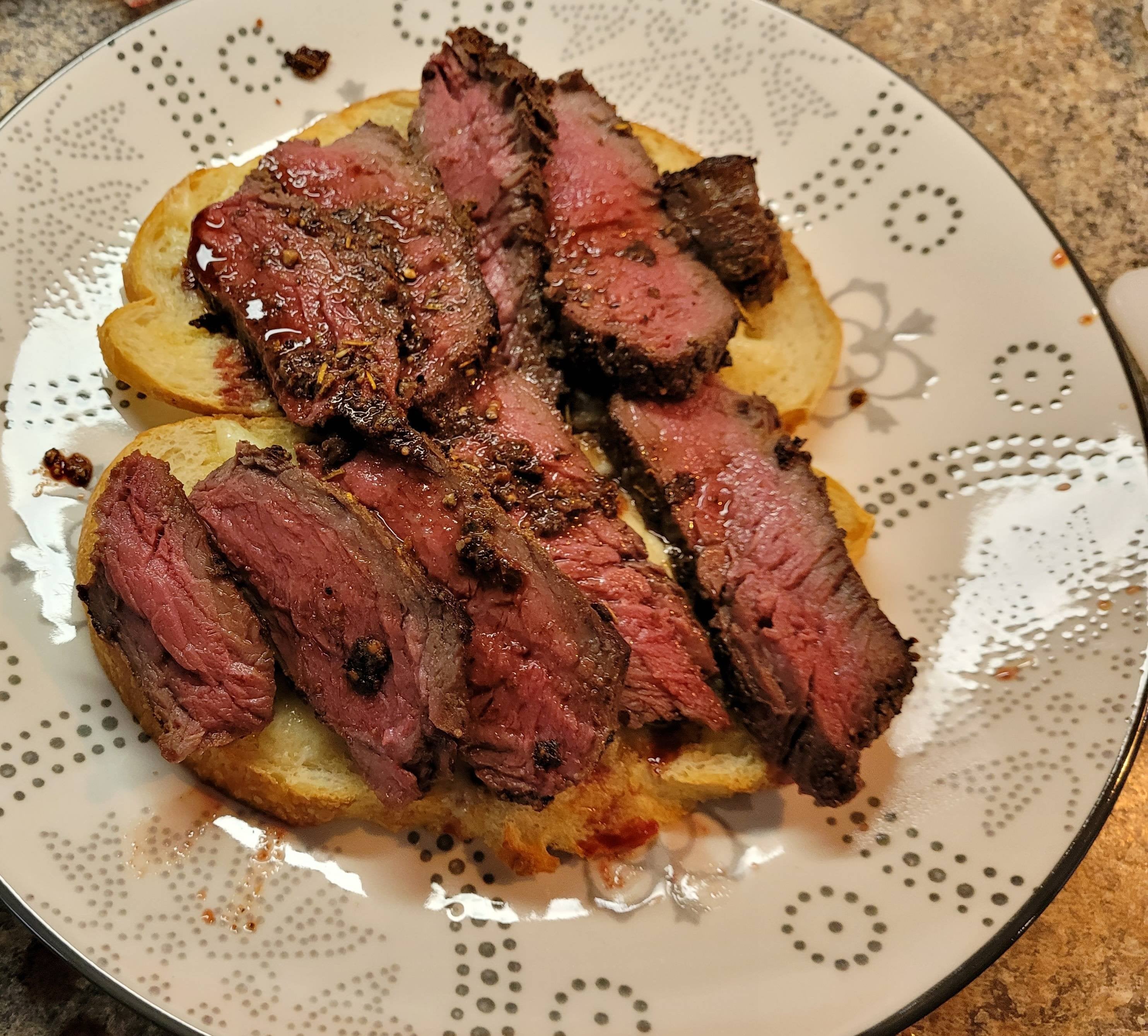 Day off breakfast Snake River farms sirloin (130/2hr) on sourdough