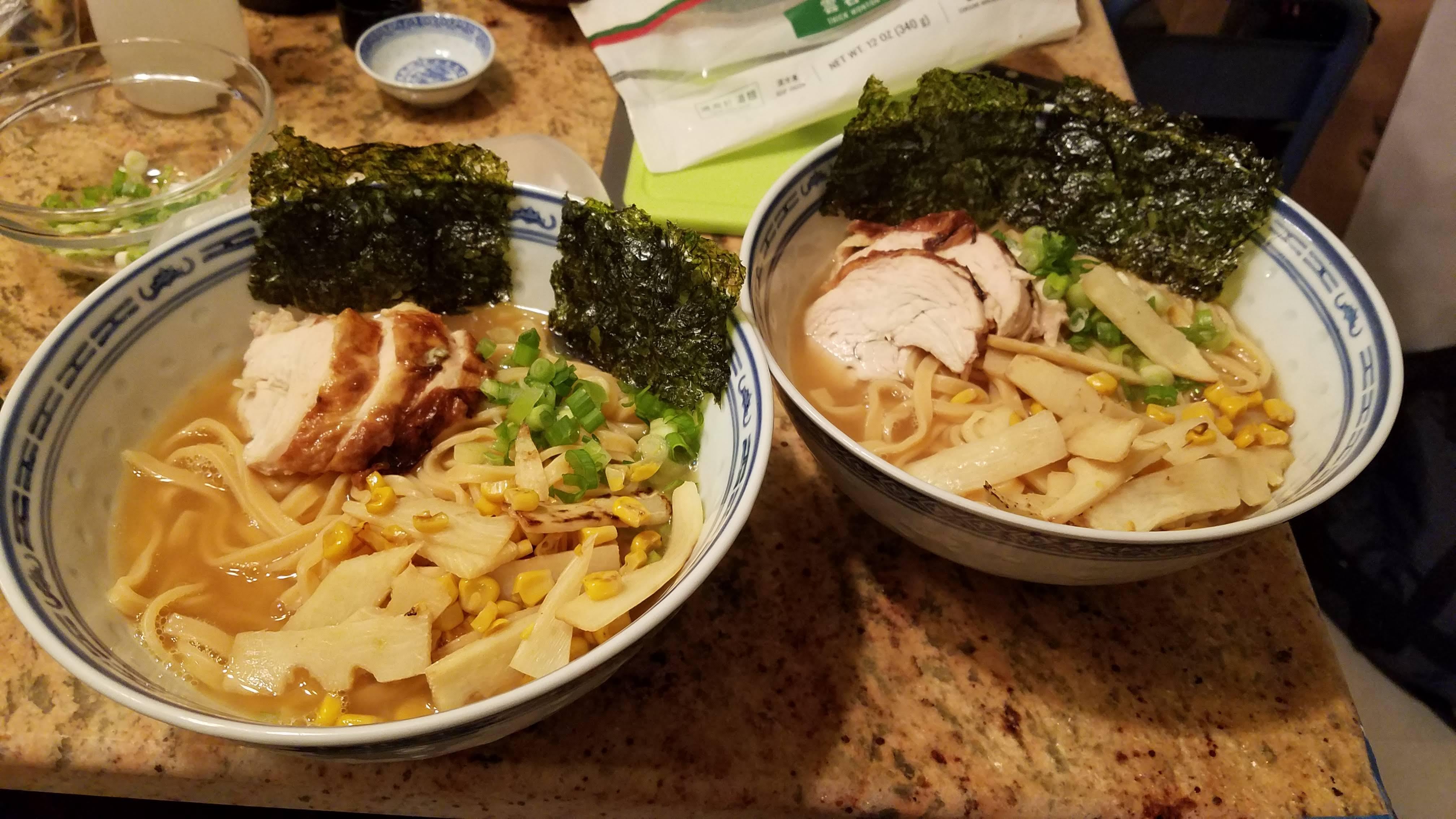 Costco rotisserie chicken ramen with wonton noodles in a miso chicken