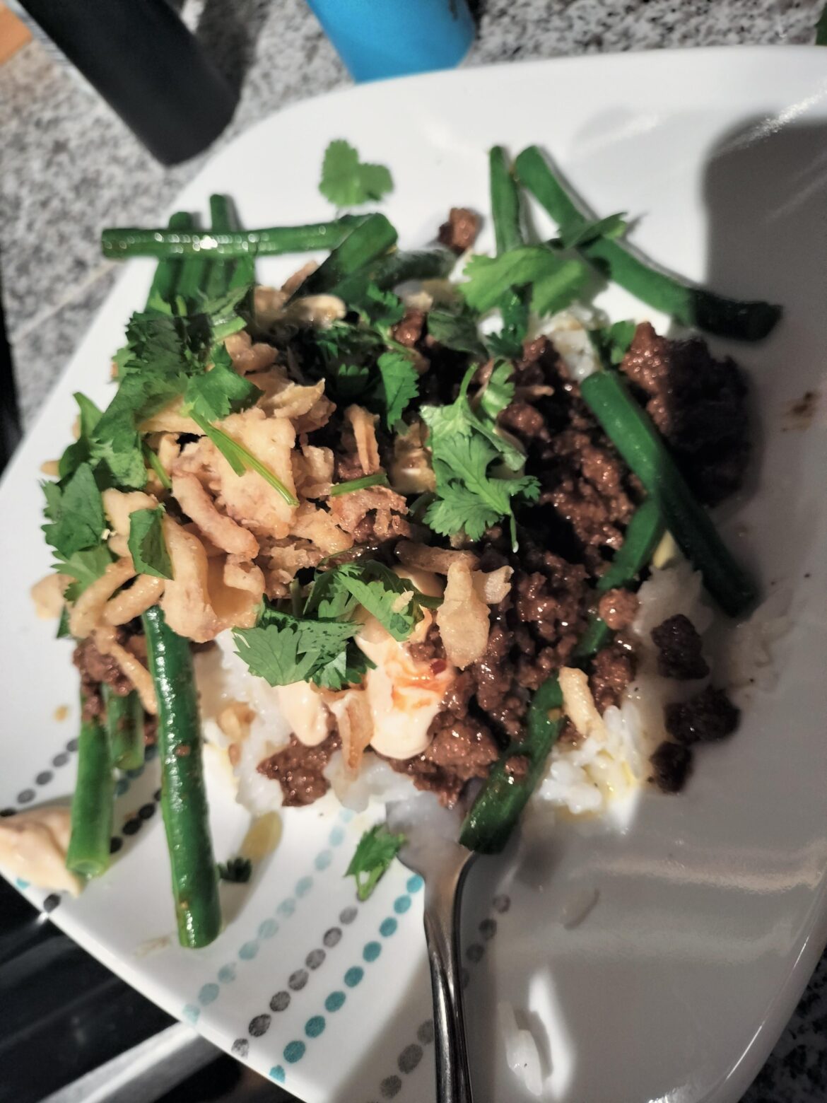 Sweet chili green beans and beef bowl