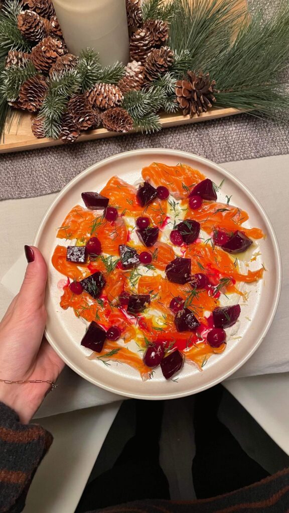 1. Labneh, basil oil, cranberries, beets and gravlax. 2. Salmon mi-cuit, braised vegetables, tomatoes and muhammara. 3. Flan Parisien.