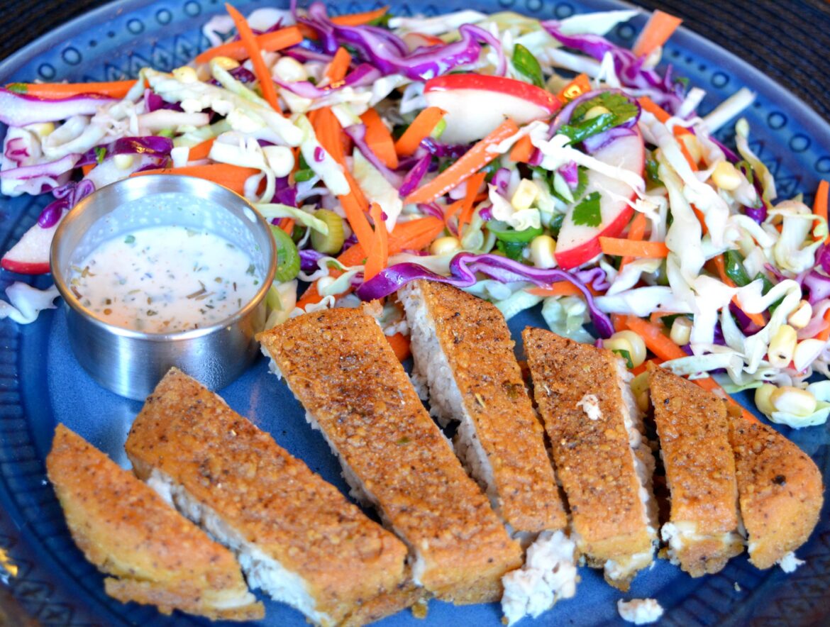 ( 360 cal, 20 P) Creole seasoned chik'n cutlet with sauce and a side of apple slaw with vinaigrette