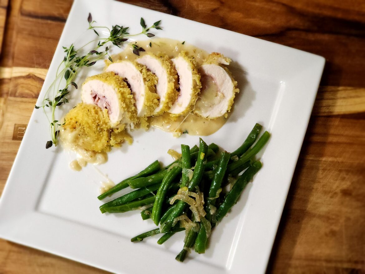 Chicken Cordon Bleu, Mustard Cream Sauce, Green Beans sautéed with Shallots