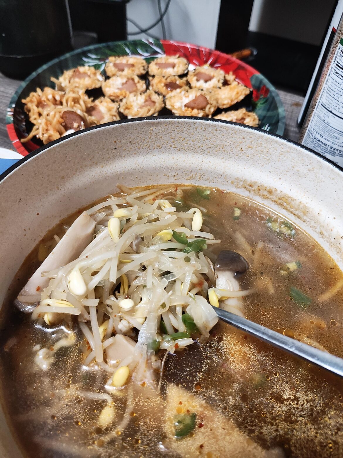 Soy Sprout Soup and buldak kim'bap'