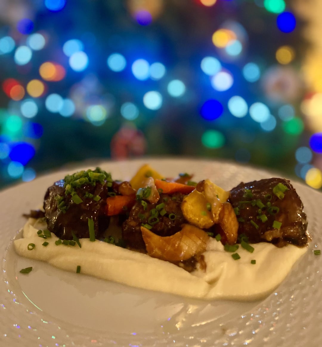 [homemade] Red wine braised short ribs, celery root puree, duck fat