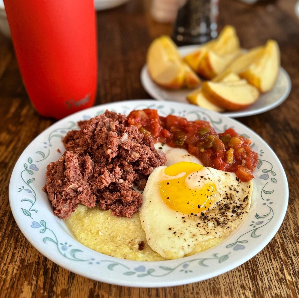 Sunny-side Up, Corned Beef, Grits, and Salsa Saturday Breakfast