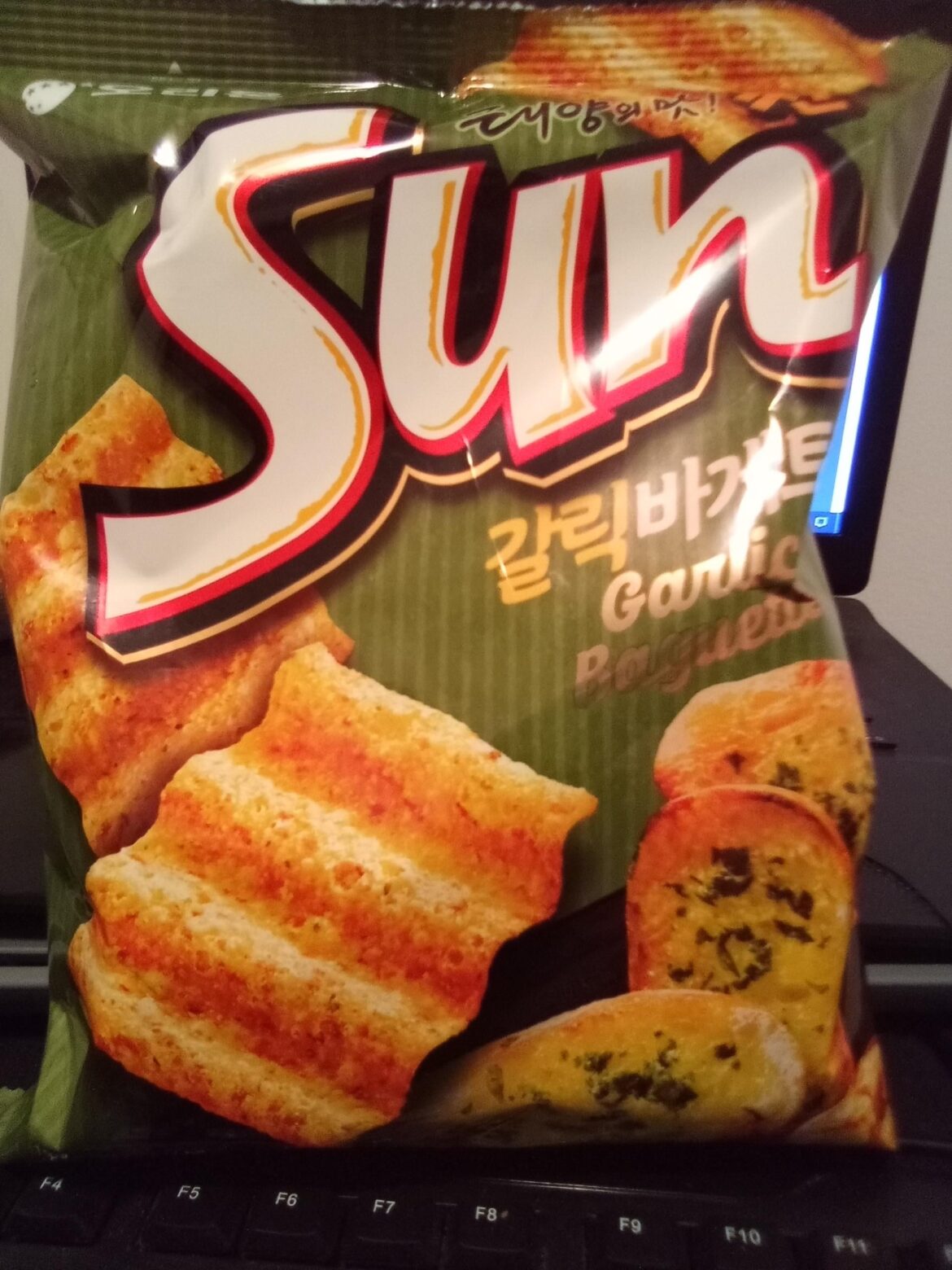 Found at a local Asian store, garlic baguette-flavored Sunchips from Korea. Insanely good!