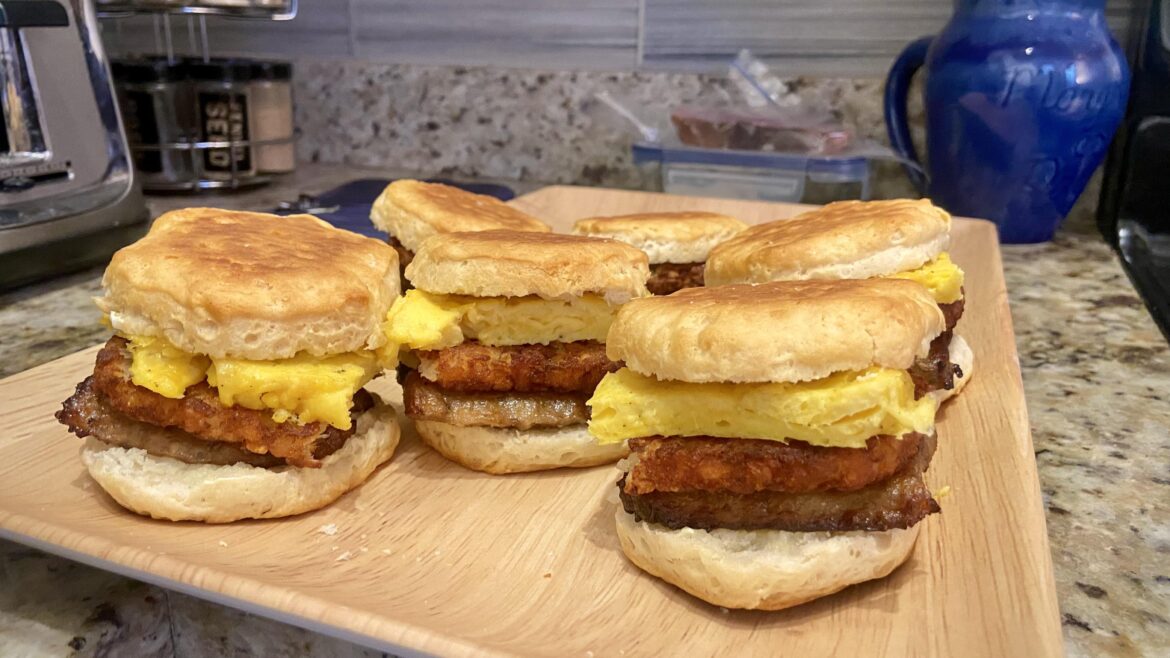 Cheese-free biscuit+sausage+egg+tater sandos for me and the wife