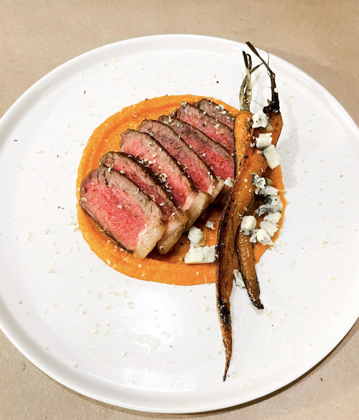 NY Strip, carrots, blue cheese, pistachio
