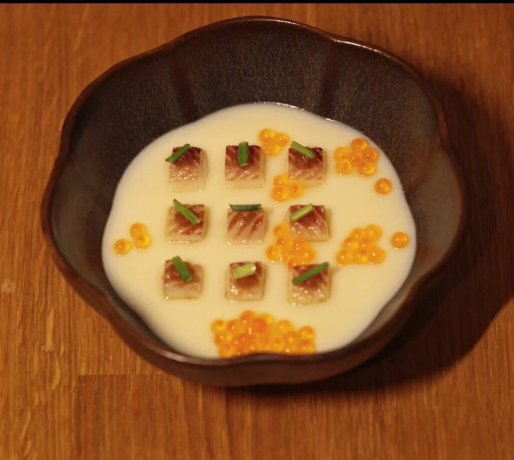 Chawanmushi w/smoked eel, ponzu gel, cold smoked roe, and chives