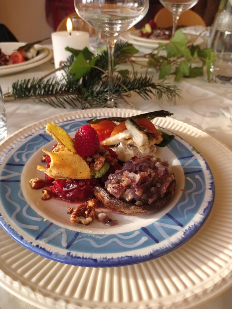 Seabass. Beetroot. Portobello.