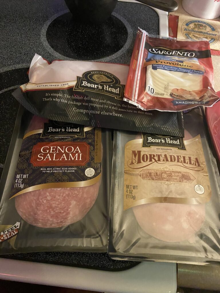 Boar’s Head Tavern ham, Genoa salami and mortadella, with provolone cheese, Giardiniera, mayo and a bit of black pepper on a bakery sub roll. It was totally rad.., one of the best sandwiches I’ve ever made!