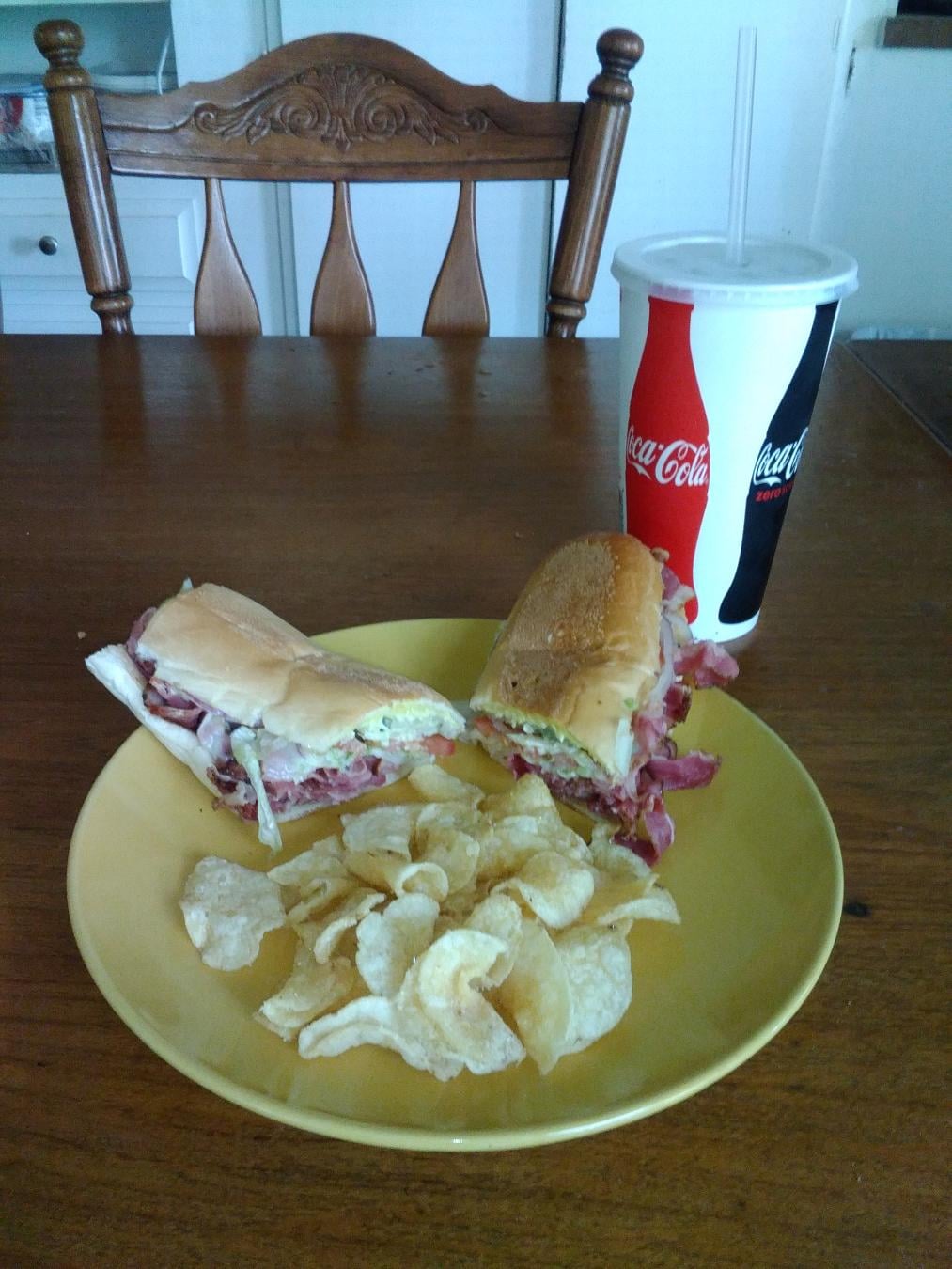 Pastrami sandwich with salt and vinegar kettle chips. Dining and Cooking