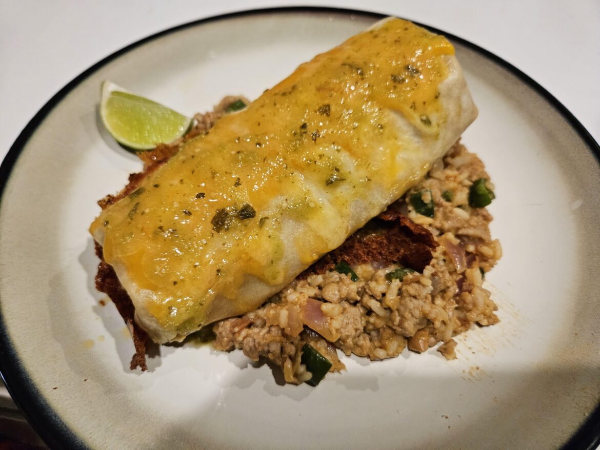 Smothered Tomatillo Burritos w/Pinto Beans, Poblano Pepper & Rice
