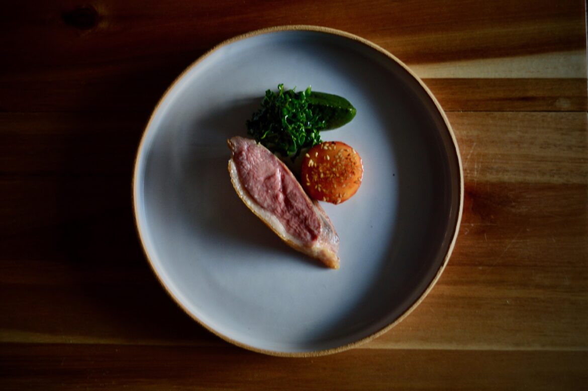Aged Duck Breast, Lacinato Kale, Blood Orange Glazed Celeriac, Benne Seed