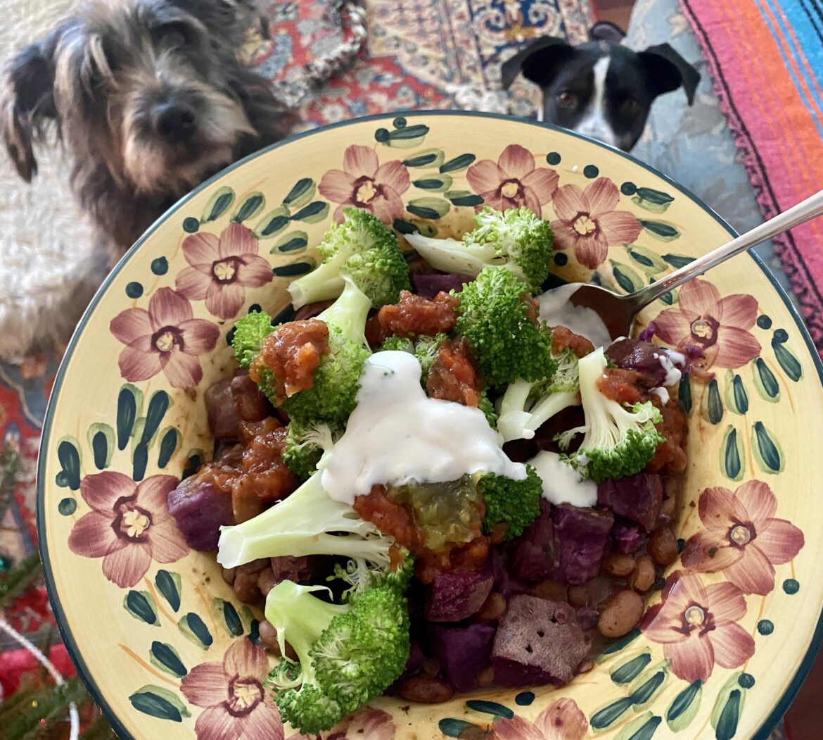 Mexican-style pinto beans, purple sweet potato, steamed broccoli, salsa, and a cashew sour cream. 10/10 lunch, and took all of 7 minutes to make!