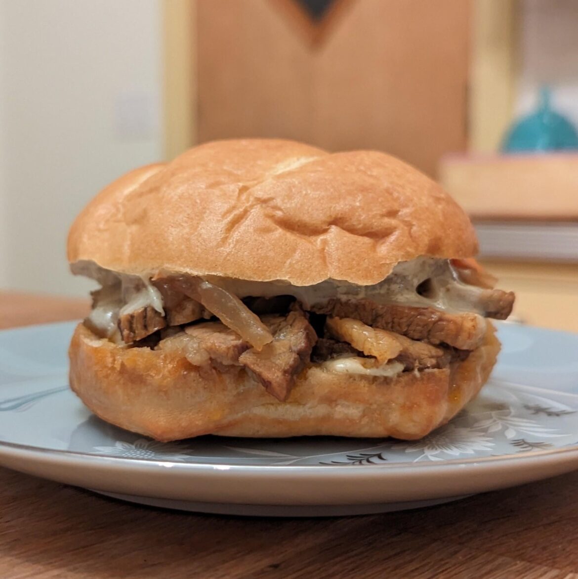 Leftover brisket with onions, Swiss, and a mayo-spicy mustard-horseradish sauce