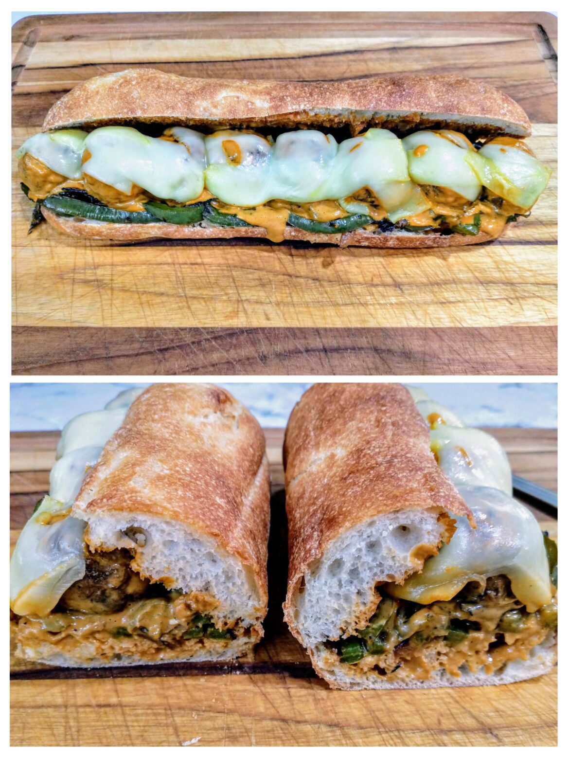 Homemade Meatball Sandwich - Turkey Meatballs, Sautéed Peppers and Onions, Provolone Cheese, and Vodka Sauce on Sourdough Bread/Roll.