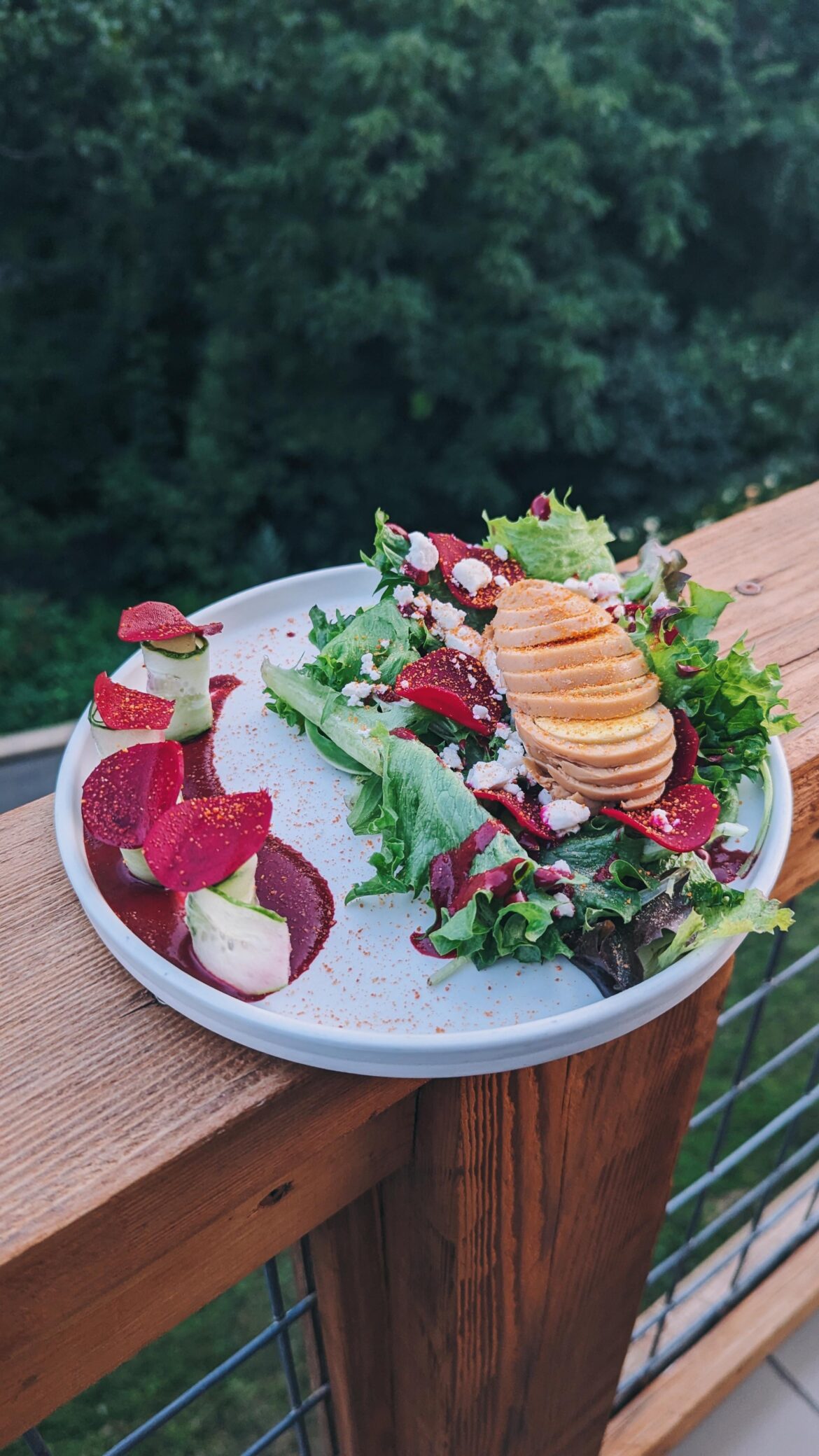 Summer Salad - Seasonal Greens, Black Raspberry Dressing, Pickled Beets, Hardboiled Soy Egg, Feta Cheese, Cucumber, and Candied Carrot Powder
